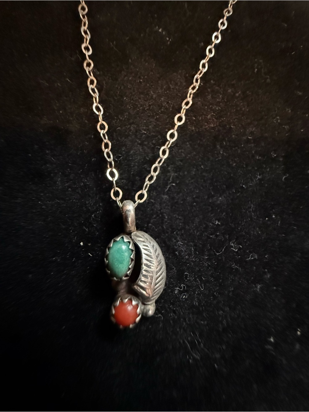 Sterling Silver Pendant Necklace with Turquoise Green and Coral Red Stones